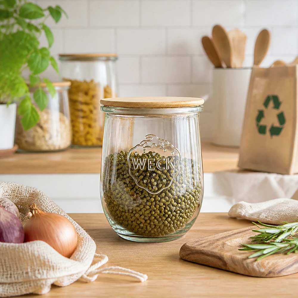 1062ml Tulpenglas WECK RR100 mit Holzdeckel WECK Tulpenglas 1062ml RR100 mit Holzdeckel als stilvolles Vorratsglas für Hülsenfrüchte in moderner Küche
