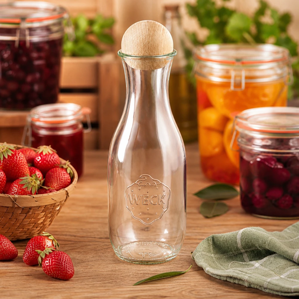 1062ml Saftflasche WECK RR60 mit Holzkugel Buche WECK Glasflasche 1062ml in Küche mit Marmeladengläsern Erdbeeren und Holzkugelverschluss aus Buche
