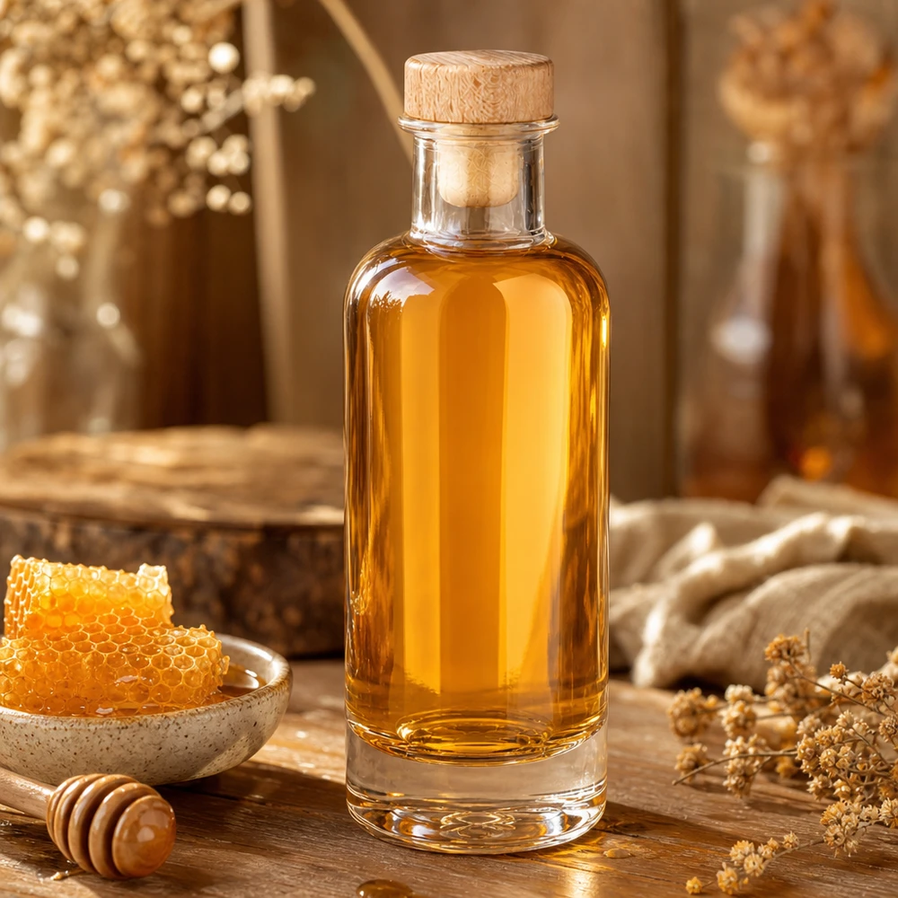 200ml Glasflasche "Ella" mit Holzgriff-Korken UNiTWIST 200ml Glasflasche Ella mit Holzkorken gefüllt mit Honig neben Bienenwabe und Honiglöffel auf rustikalem Holztisch