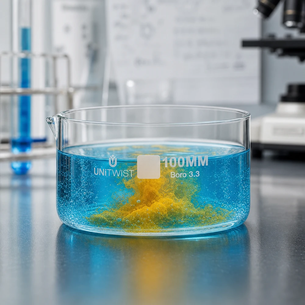 Kristallisierschale ø100mm Borosilikatglas UNiTWIST Kristallisierschale 100mm Borosilikatglas UNiTWIST Reaktionsgefäß Farbkontrast blau orange