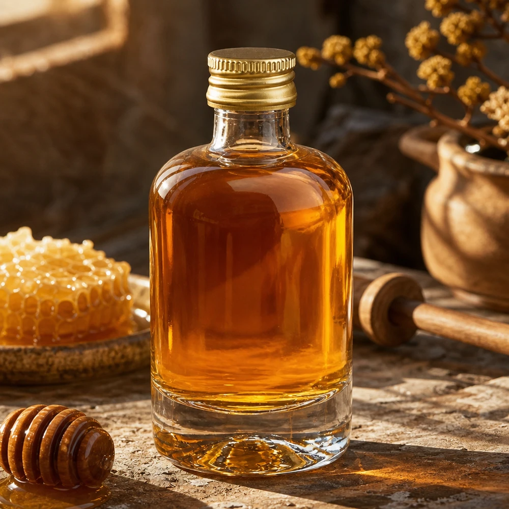 40ml Glasflasche Sara mit Honig gefüllt - goldener UNiTWIST Verschluss neben Bienenwabe und Honiglöffel