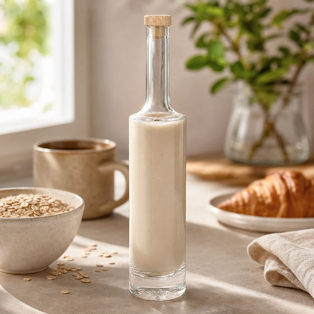 500ml Glasflasche "Rosa" mit Holzgriffkorken UNiTWIST® 500ml Glasflasche Rosa mit cremiger Hafermilch in stylischer Küche neben Haferflocken und Croissant mit Holzkorken