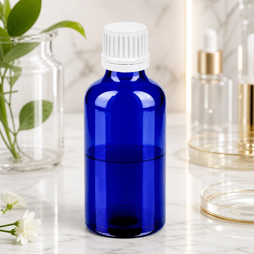 50ml Flasche 11mm Schraubverschluss weiß Originalitätsverschluss BlueLine UT18/50 Vielseitige 50ml Glasflasche in Pharmaqualität perfekt für Tinkturen und flüssige Präparate