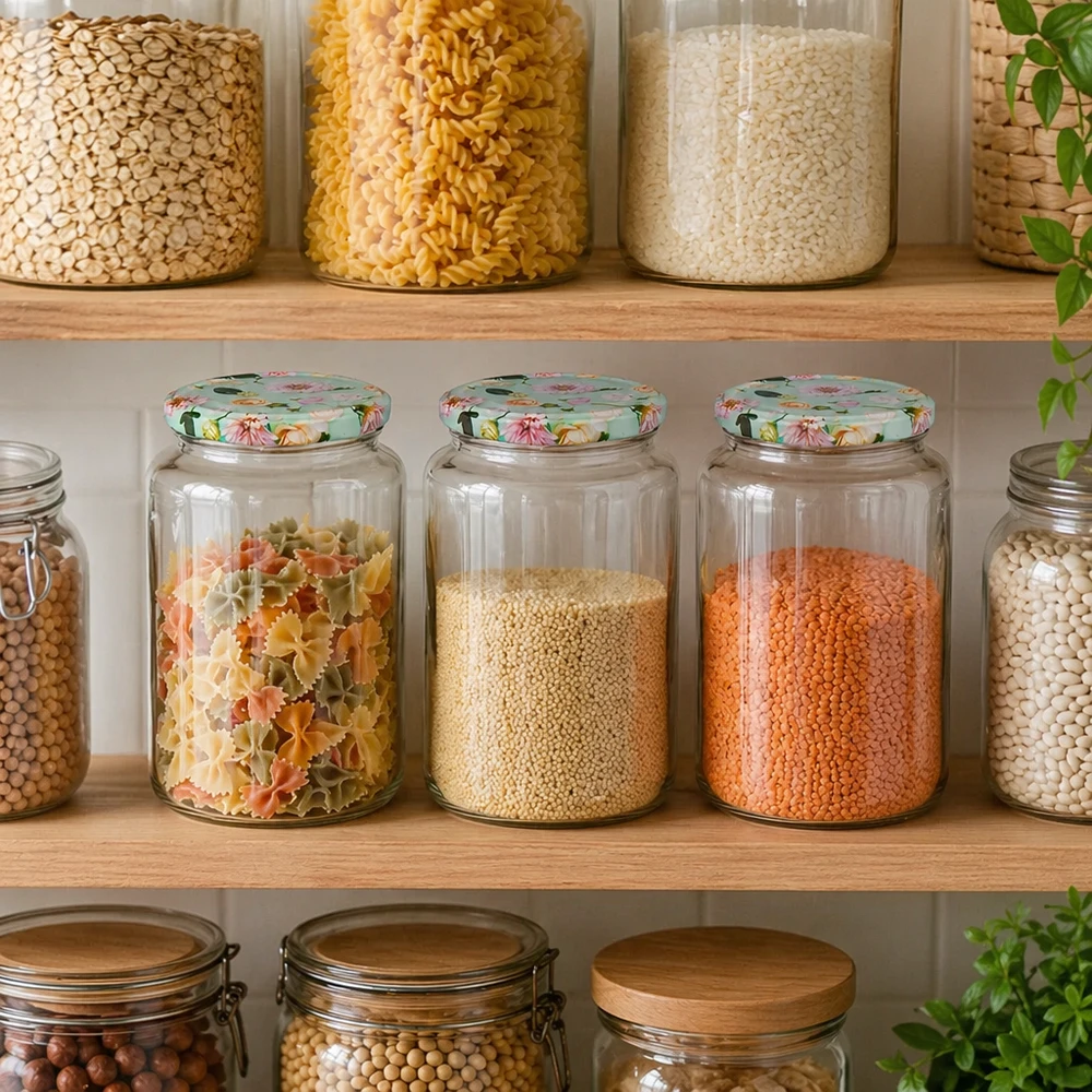 795ml Rundglas + BasicSeal Deckel Blume mint UNiTWIST Pantry-Organisation mit 795ml Rundgläsern mint Blumen-Deckel, gefüllt mit Pasta, Linsen und Getreide im Vorratsschrank