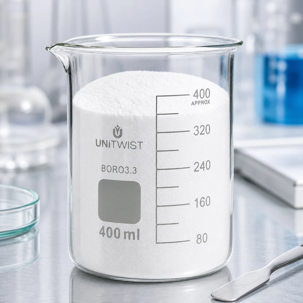Becherglas 400ml Borosilikat, niedrige Form UNiTWIST UNiTWIST Becherglas 400ml BORO3.3 niedriger Form mit Laborzubehör auf Edelstahltisch