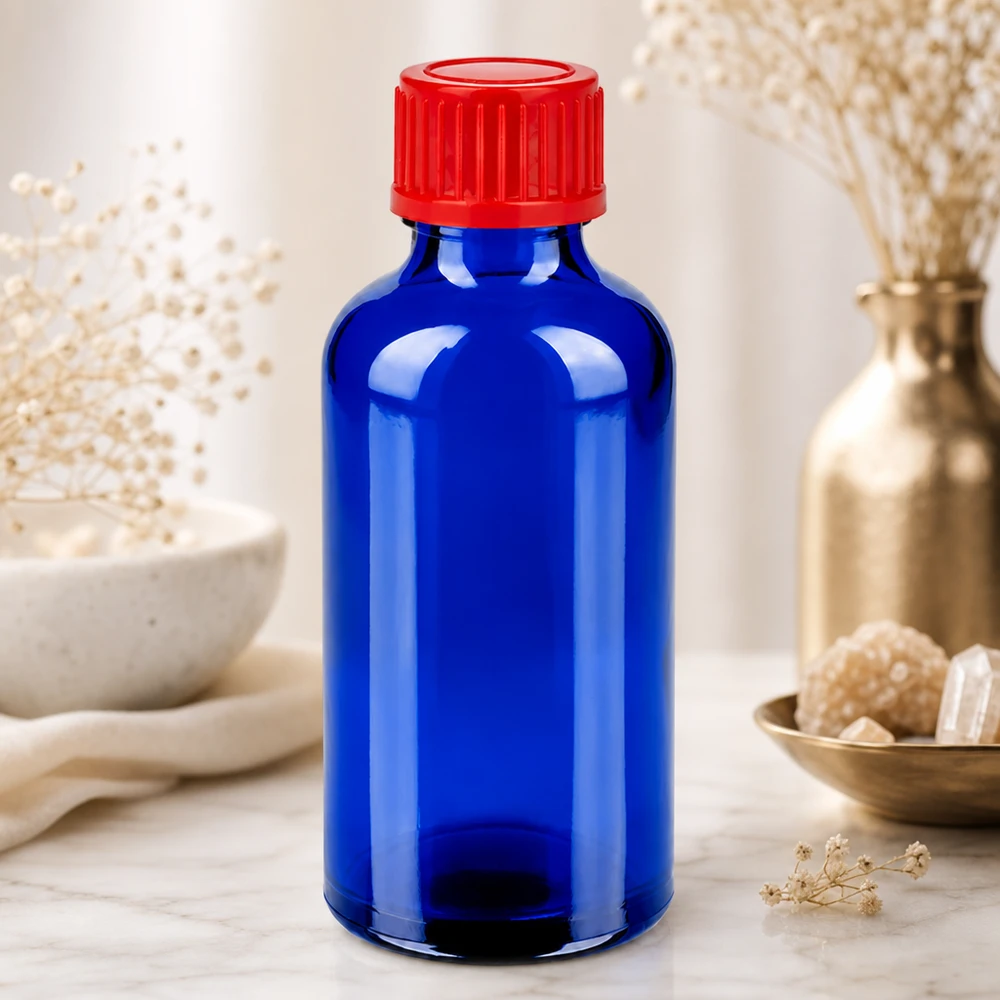 50ml Flasche 11mm Schraubverschluss rot Standard BlueLine UT18/50 Chemikalienflasche 50ml BlueLine mit säurebeständigem Glas und rotem Sicherheitsverschluss
