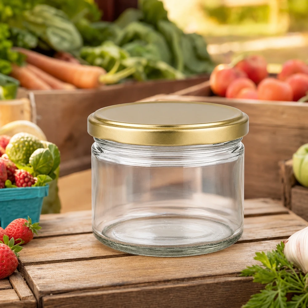 700g Honigglas mit goldenem Deckel BasicSeal UNiTWIST 700g Honigglas BasicSeal leer mit goldenem Deckel auf Holzbrett umgeben von frischem Obst und Gemüse vom Markt
