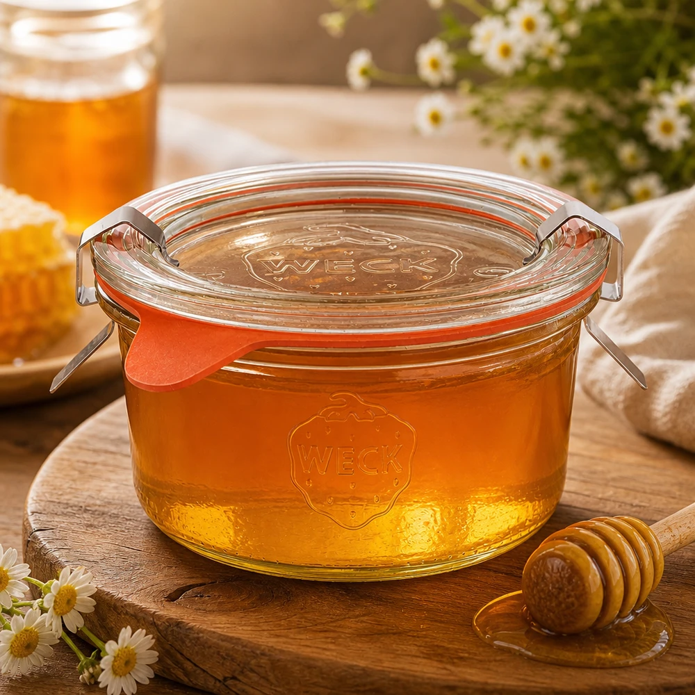 165ml Sturzglas komplett WECK RR80 WECK Sturzglas 165ml RR80 mit goldenem Honig befüllt neben Honiglöffel und Gänseblümchen auf Holzbrett