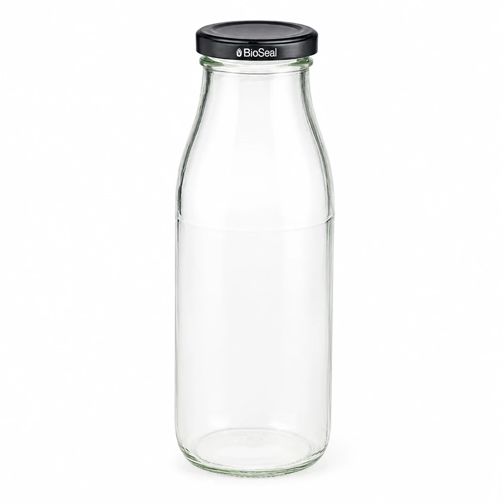 500ml Glasflasche + BioSeal Deckel schwarz UNiTWIST 500ml Glasflasche mit schwarzem BioSeal Deckel leer und transparent für Getränke und Aufbewahrung