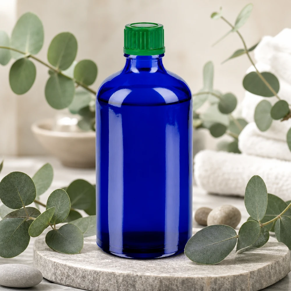 100ml Premium Glasflasche BlueLine Serie mit chemikalienresistentem grünem SV-Verschluss