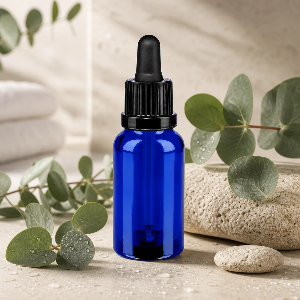 20ml Pipettenflasche schwarz Originalitätsverschluss BlueLine UT18/20 Stilvolle blaue 20ml Glasflasche mit schwarzem Pipettenaufsatz für Beauty-Produkte
