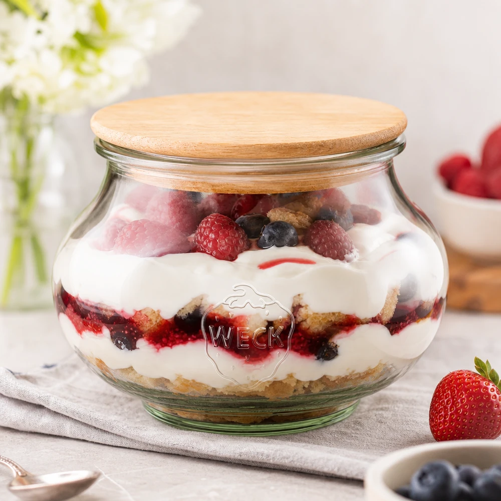 WECK Schmuckglas 560ml RR80 Holzdeckel gefüllt mit Beeren Dessert Schichtdessert auf weißer Oberfläche Küchendeko