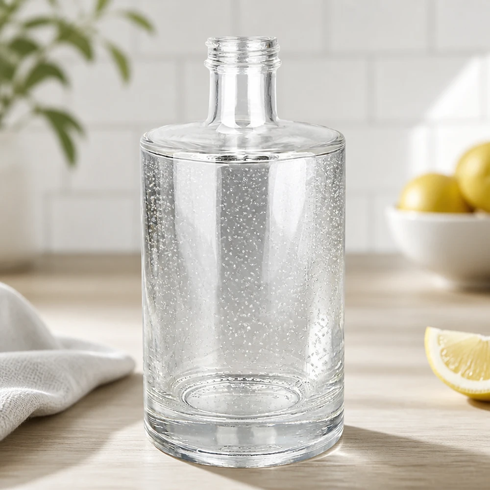 500ml Glasflasche "Sam" ohne Schraubverschluss UNiTWIST 500ml Glasflasche Sam UNiTWIST Gewindehals Detailansicht Küchensetting mit Zitronen und weißem Hintergrund