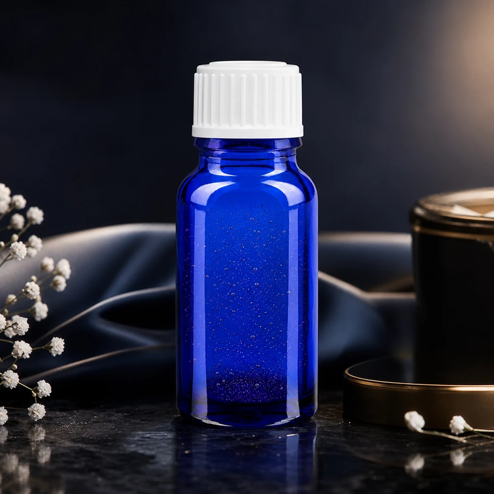 Apothekenflasche blau 10ml Schraubverschluss weiß Globuli Standard 10ml blaue Serialflasche GR STD mit weißem Kindersicherheitsverschluss vor Seidenstoff