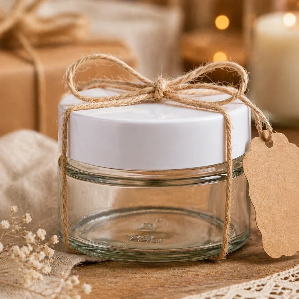 130ml Rundglas BasicSeal weiß als Geschenkverpackung mit Juteschnur und Anhänger - DIY Präsent Glasdose