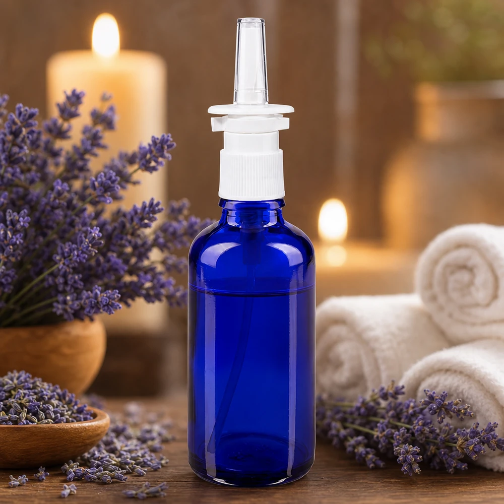 Apothekenflasche blau 50ml Nasenzerstäuber weiß Standard Kobaltblaue 50ml Flasche mit Nasenzerstäuber weißer Pumpe auf Holzoberfläche Spa-Atmosphäre