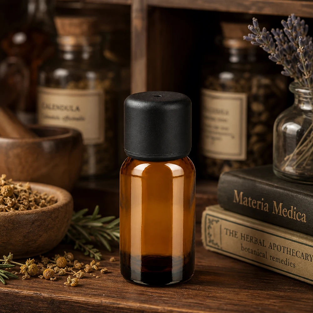 Robuste 10ml Flasche aus UV-beständigem Braunglas mit auslaufsicherem schwarzen Verschluss