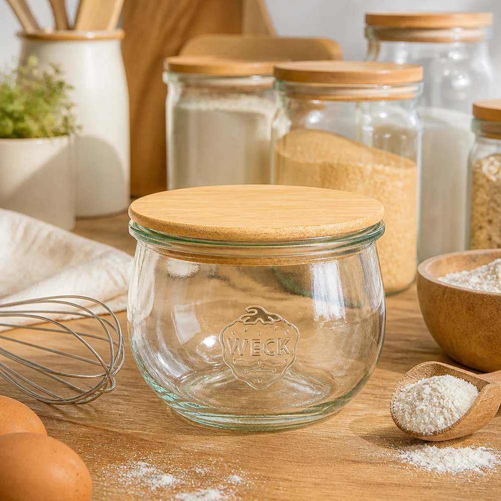 WECK Tulpenglas 580ml RR100 Holzdeckel Backzubehör Mehl Eier Schneebesen rustikale Kücheneinrichtung Vorratsglas