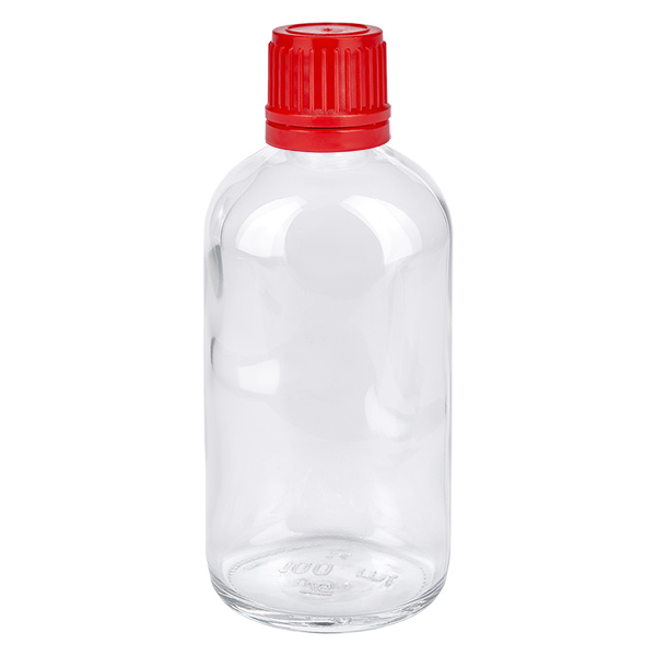 100ml Flasche 11mm Schraubverschluss rot Originalitätsverschluss ClearLine UT18/100 Durchsichtige 100ml Flasche mit engem 11mm Hals und rotem Schraubverschluss OV