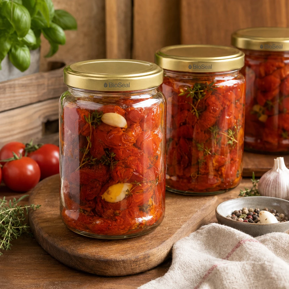 Stilvolles 1000g Honigglas mit Eingemachtem und Kräutern dekorativ arrangiert für mediterrane Küche und Vorratshaltung