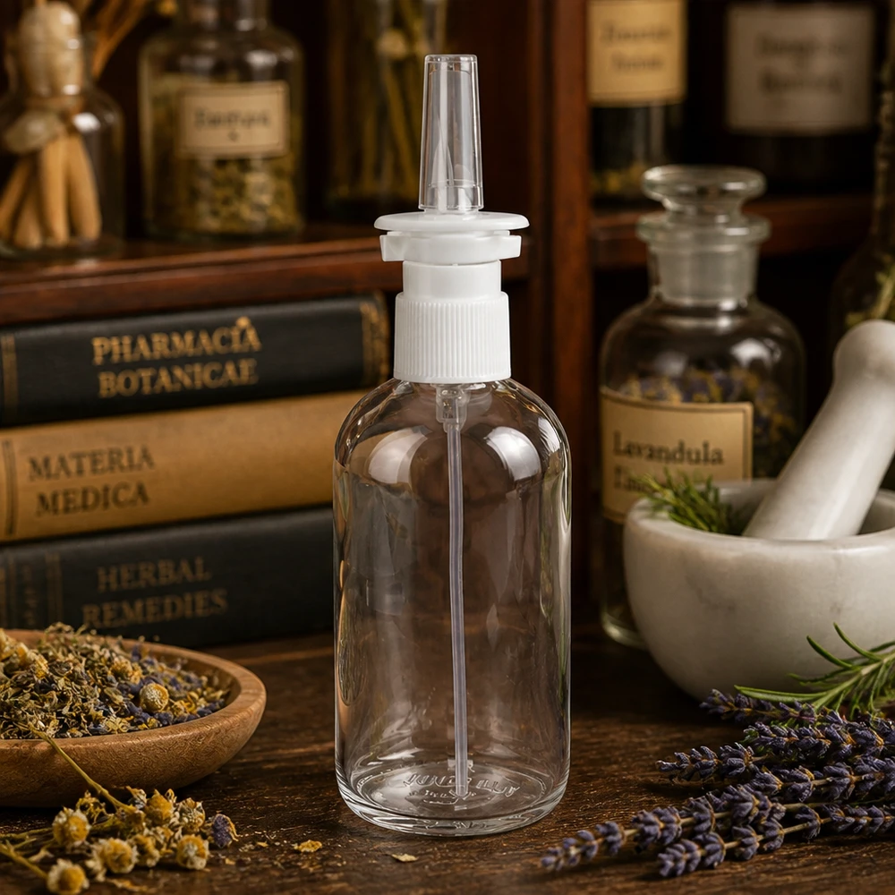 100ml ClearLine Flasche mit weißem Nasalapplikator auf rustikalem Holztisch