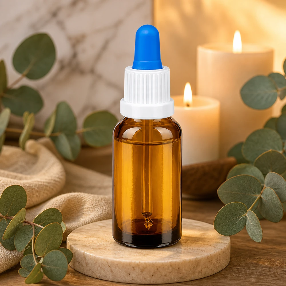 Kleine 20ml Dosierflasche mit blauer Gummipipette und UT18/20 Gewinde für exakte Portionierung