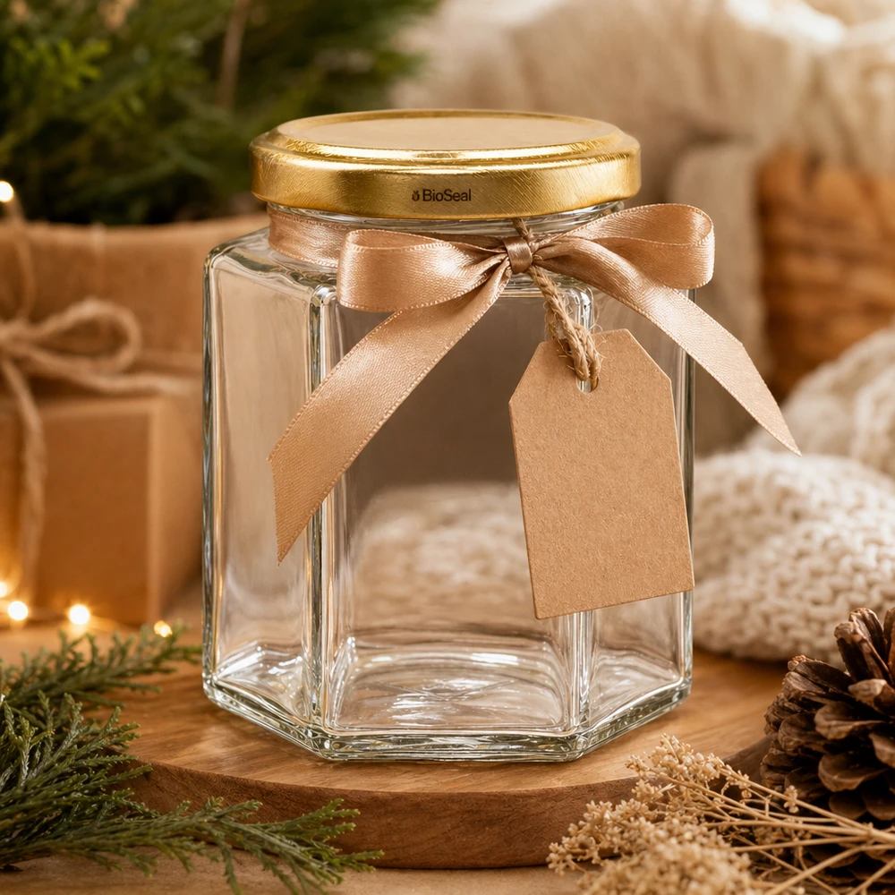 UNiTWIST Hexa196 Geschenkglas mit goldenem TO58 BioSeal Deckel, brauner Schleife und Geschenkanhänger als Präsent