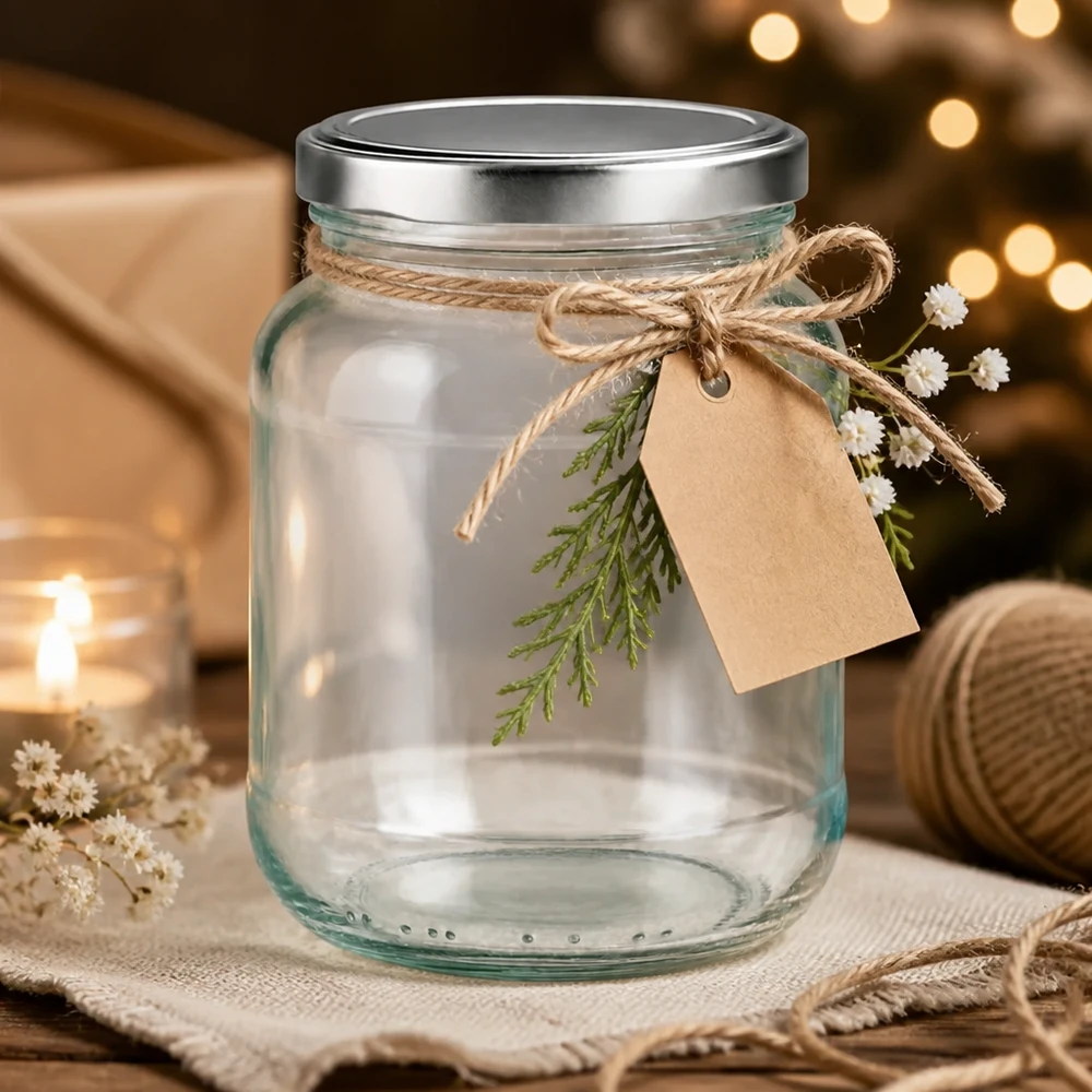 370ml Ovalglas mit BasicSeal Deckel silber UNiTWIST 370ml Ovalglas mit silbernem BasicSeal Deckel als Geschenkidee mit Juteschnur und Geschenkanhänger dekoriert