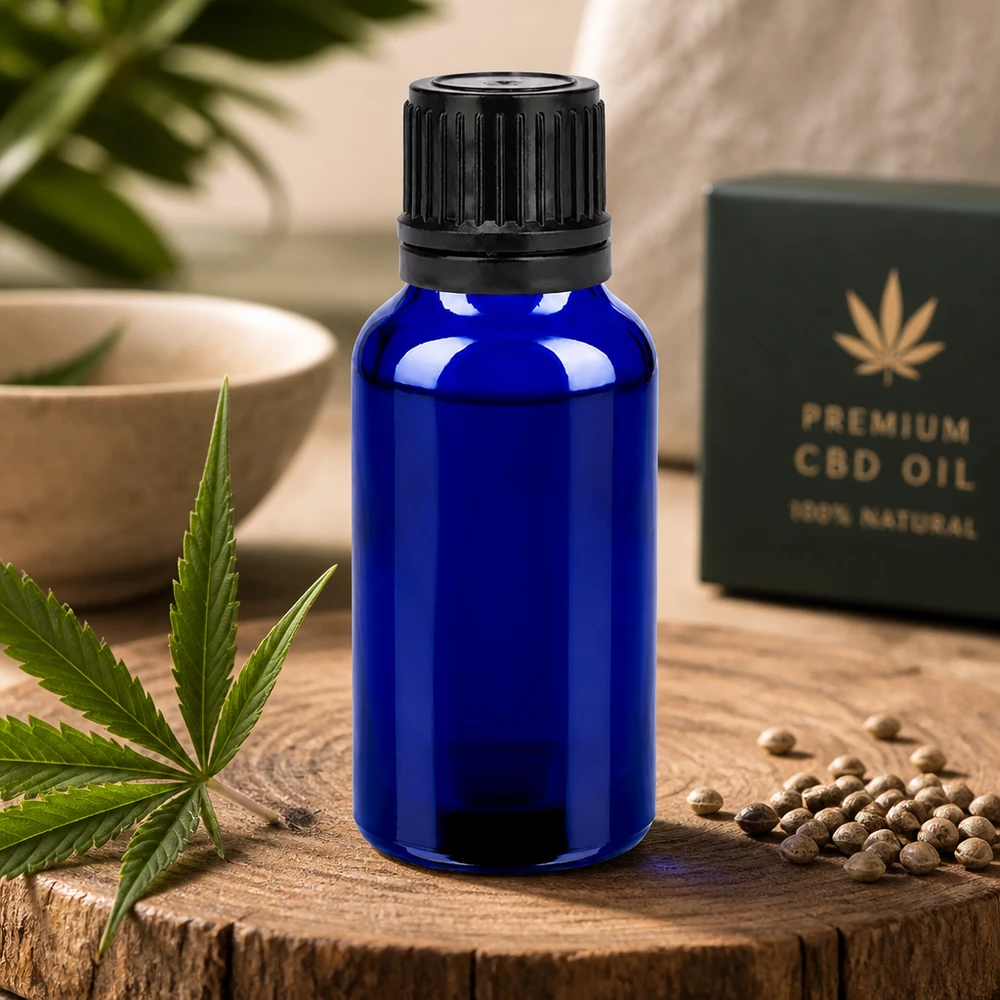Elegante 20ml Kobaltglasflasche mit schwarzem Verschluss für Homöopathie und Naturmedizin