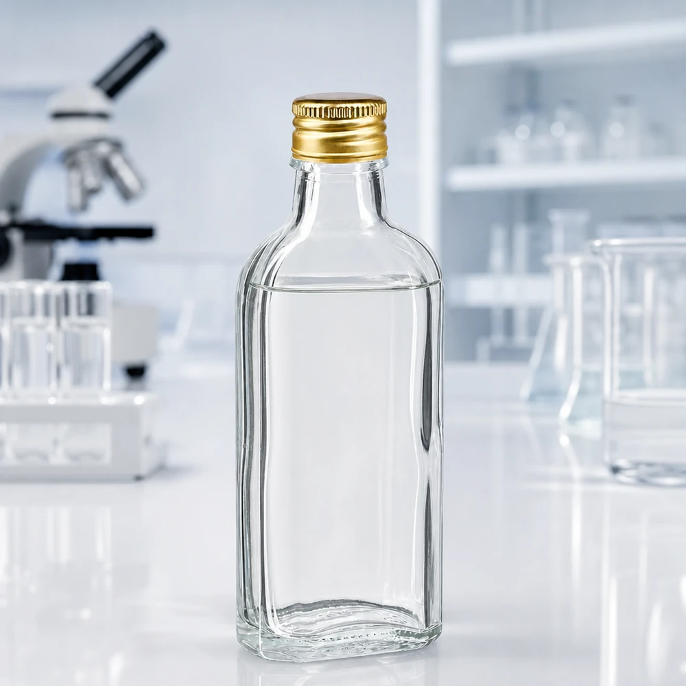 100 ml Meplat klar mit Alu Verschluss gold PP22 100ml Klarglasflasche rechteckige Meplat Form goldener Aluschraubverschluss PP22 weiß