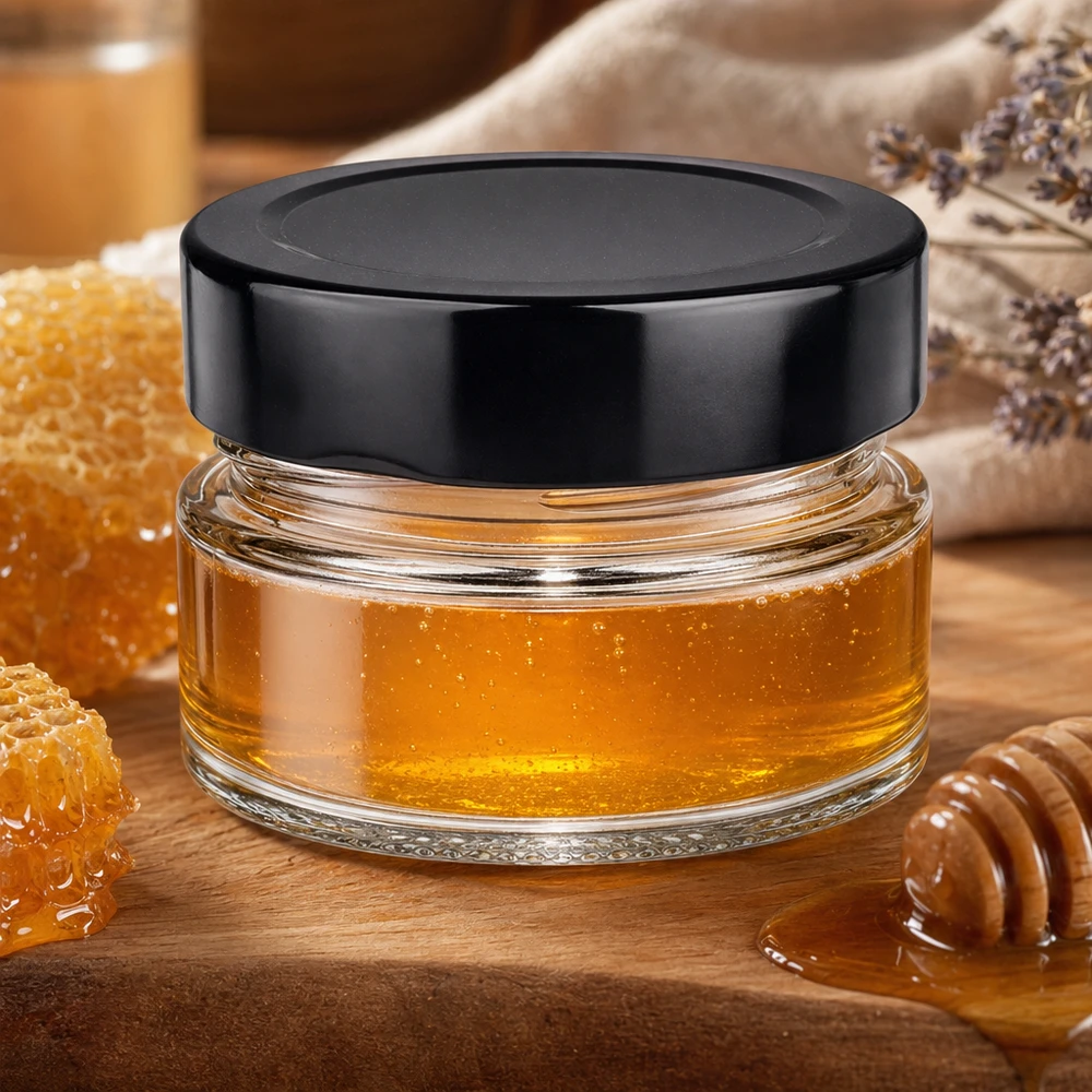 80ml Rundglas + BasicSeal Deckel schwarz deep UNiTWIST 80ml Rundglas mit schwarzem BasicSeal Deckel gefüllt mit Honig Bienenwaben Holzlöffel natürliche Küchenszene