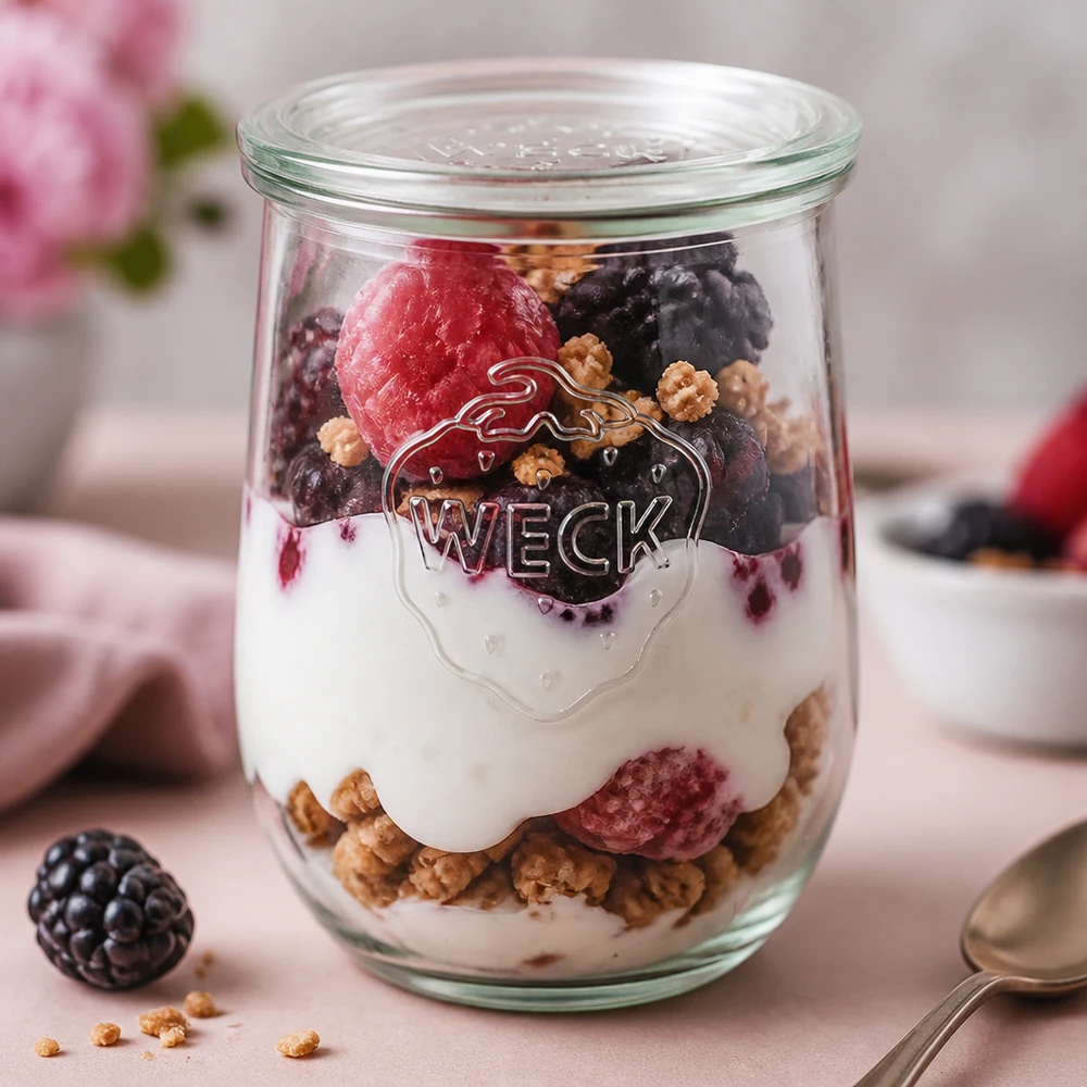 1062ml Tulpenglas mit Glasdeckel WECK RR100 WECK Tulpenglas 1062ml mit Joghurt Beeren Müsli Schichtdessert gefüllt RR100 Glasdeckel Frühstück Parfait rosa Hintergru