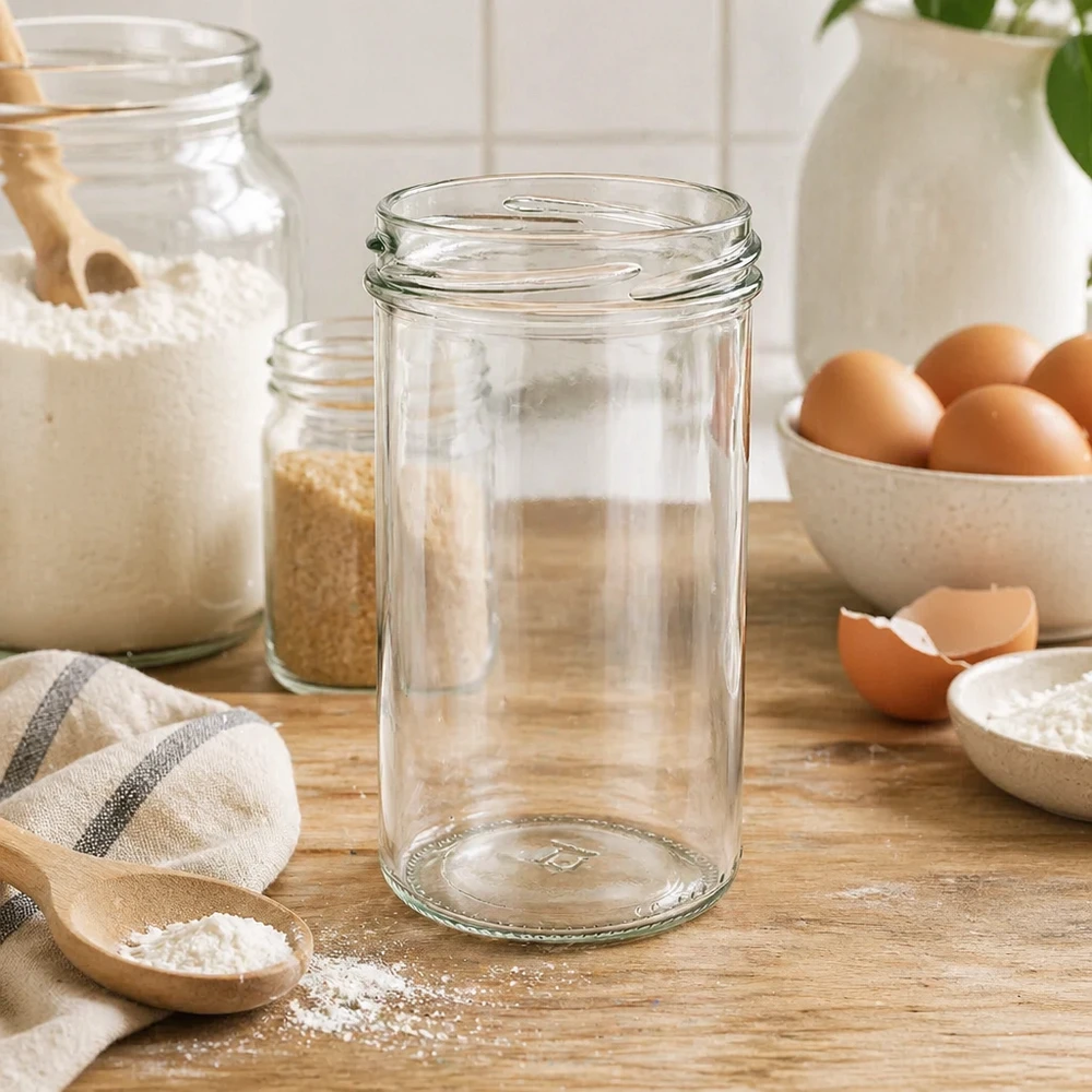 277ml Sturzglas ohne Deckel (TO66) UNiTWIST UNiTWIST Sturzglas 277ml TO66 leer auf Holztisch mit Küchenutensilien Eiern und Mehl in rustikaler Küche