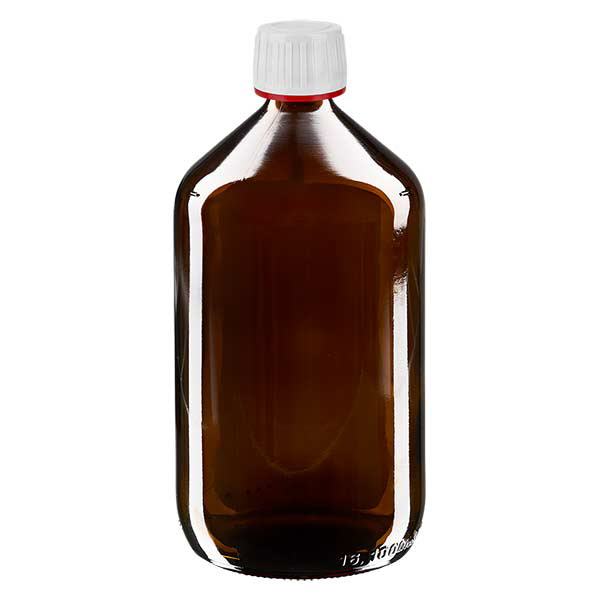 1000ml Medizinflasche braun, Verschluss weiß mit Originalitätsring  rot ApoGlas