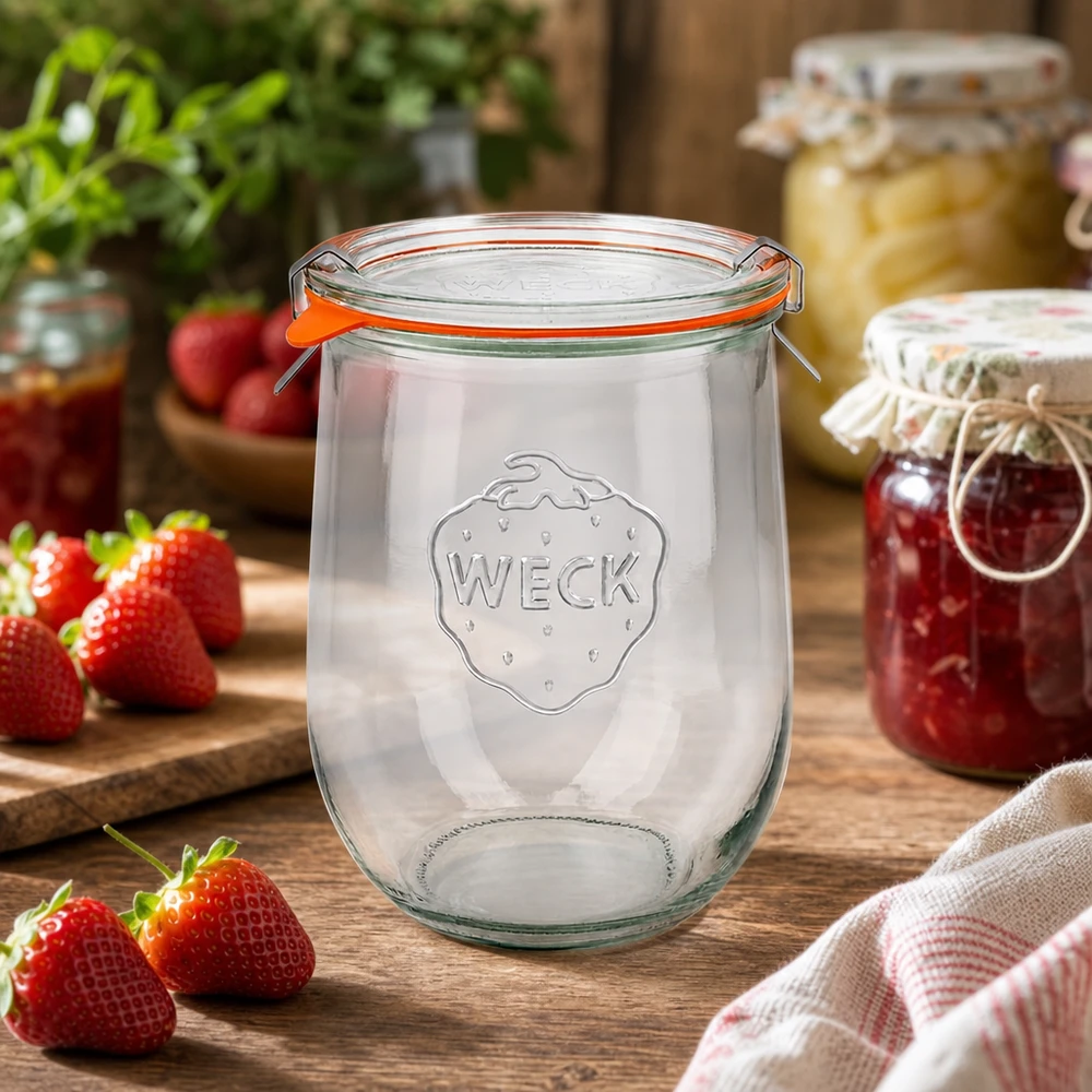 1062ml Tulpenglas komplett WECK RR100 WECK Tulpenglas 1062ml RR100 leeres Einmachglas mit Erdbeeren für selbstgemachte Marmelade und Konfitüre Einkochen