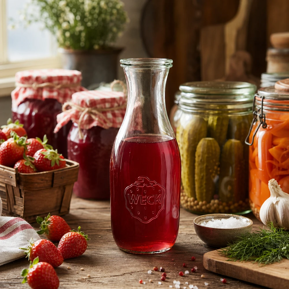 1062ml Saftflasche mit Glasdeckel WECK RR60 WECK Saftflasche 1062ml mit rotem Erdbeersaft gefüllt umgeben von frischen Erdbeeren und Einmachgläsern in Küche