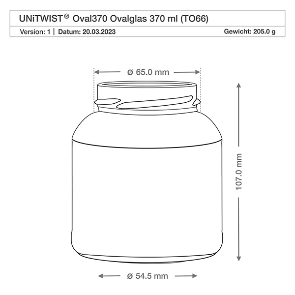 370ml Ovalglas ohne Deckel (TO66) UNiTWIST Technische Zeichnung UNiTWIST Oval370 Ovalglas 370ml TO66 mit Maßangaben Durchmesser 65mm Höhe 107mm Gewicht 205g