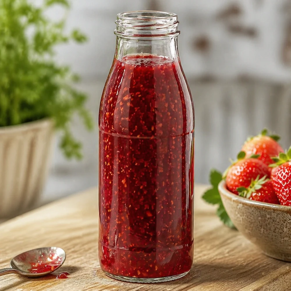 500ml Glasflasche ohne Deckel (TO48) UNiTWIST 500ml Glasflasche ohne Deckel TO48 UNiTWIST mit roter Marmelade gefüllt neben frischen Erdbeeren auf Holztisch