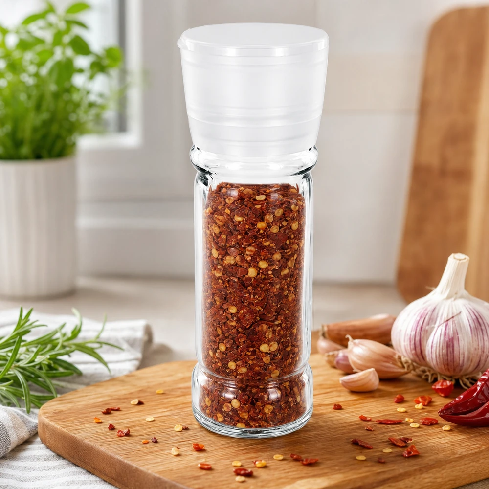 Salz-/Gewürzglas 100ml mit Mühle Vario weiss Nachfüllbares Gewürzglas 100ml mit Mühle Vario für frisch gemahlene Chilipflocken