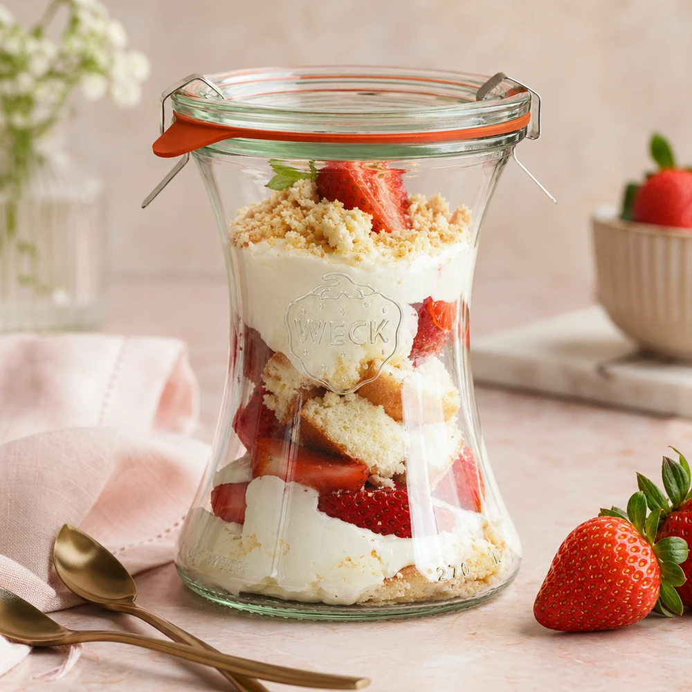 370ml Delikatessenglas komplett WECK RR80 WECK Delikatessenglas 370ml mit Erdbeerdessert Schichtdessert Joghurt Krümeln rosa Ambiente Nachtisch im Glas