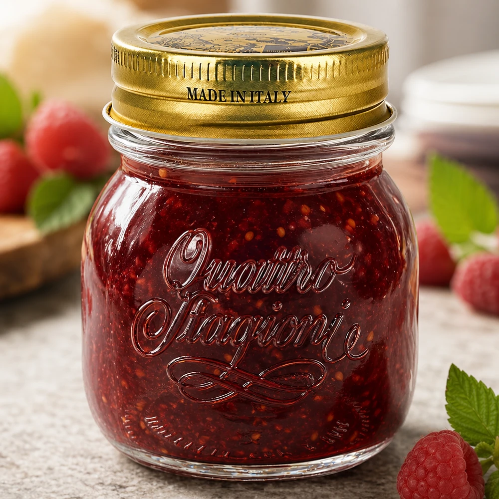 150ml Rundglas Quattro Stagioni mit goldenem Deckel Made in Italy gefüllt mit roter Marmelade und frischen Beeren