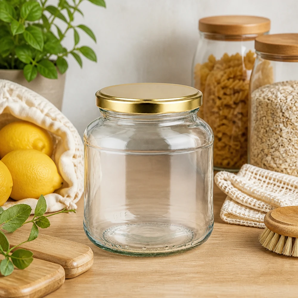 370ml Ovalglas leer mit goldenem BasicSeal Deckel UNiTWIST in natürlicher Küchenumgebung mit Zitronen und Kräutern