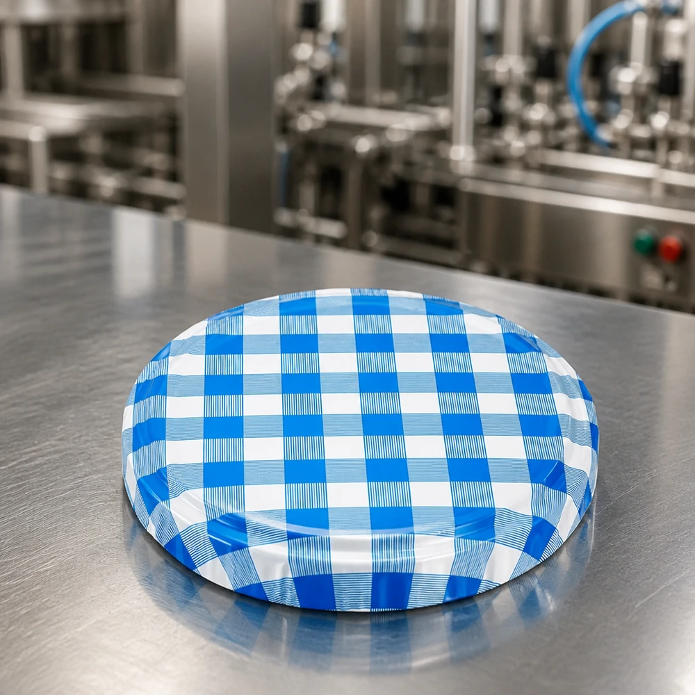 82mm Einmachdeckel BasicSeal kariert blau weiß vakuumdicht auf Produktionstisch
