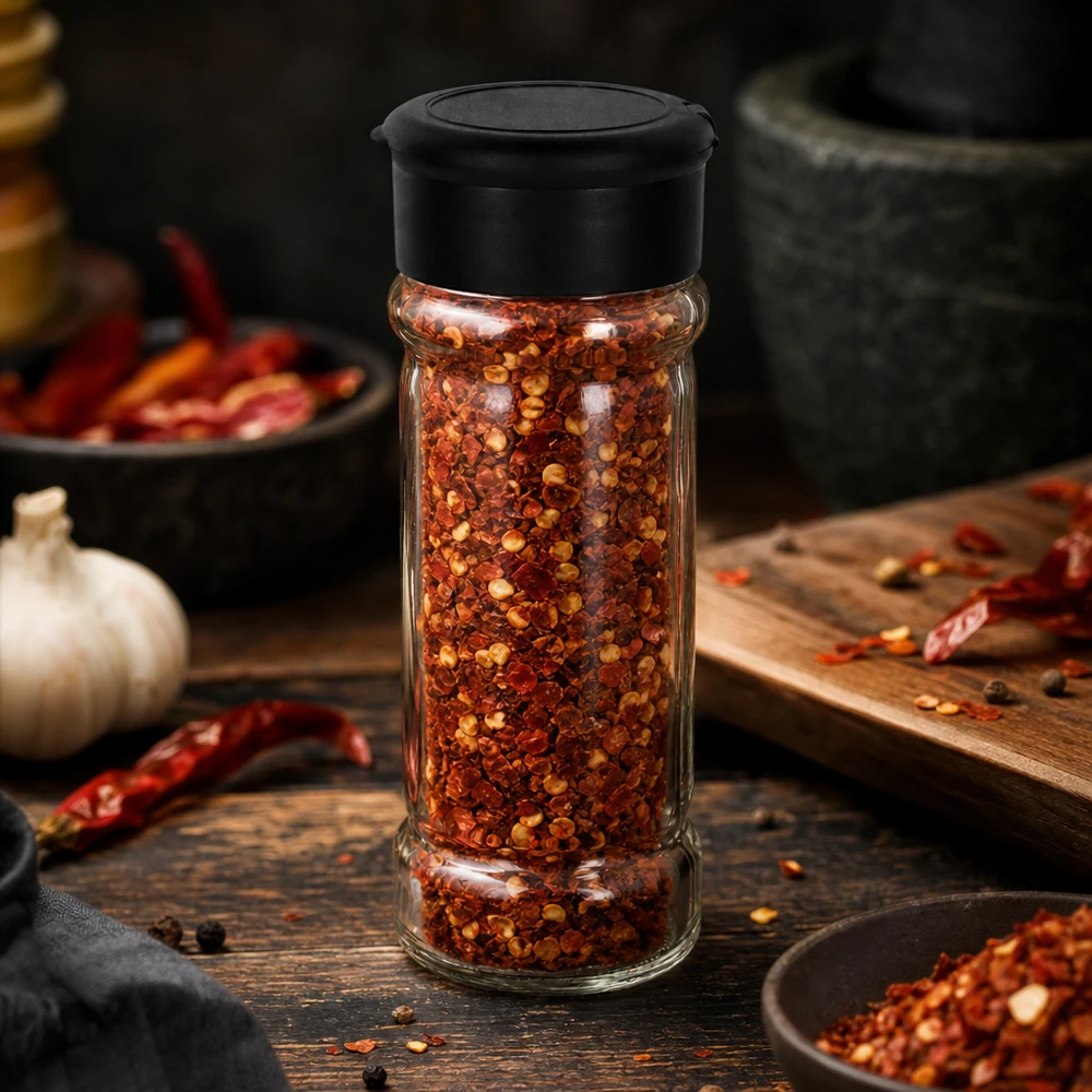Salz-/Gewürzglas 100ml mit Streuer schwarz Transparentes Streuglas 100ml neben Mörser und Chilischoten auf dunklem Holztisch