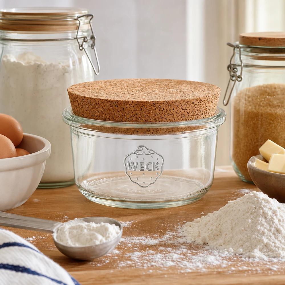 165ml Sturzglas WECK RR80 mit Korken natur WECK Vorratsglas 165ml RR80 Korkdeckel Küche Backzutaten Mehl Eier Butter natürliche Aufbewahrung Küchenszene