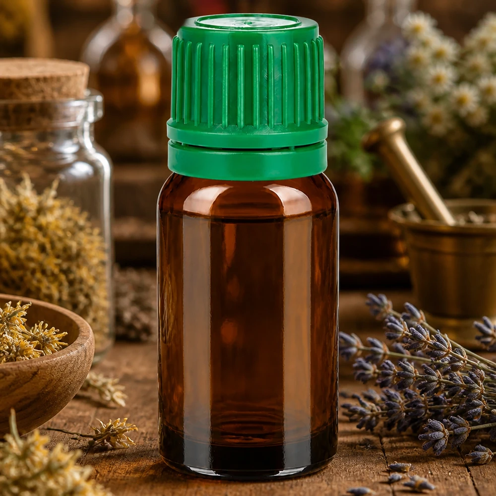 10ml Flasche 11mm Schraubverschluss grün Originalitätsverschluss BrownLine UT18/10 10ml Braunglasflasche mit ergonomischem grünem Verschluss für Labor und Aromatherapie-Anwendungen