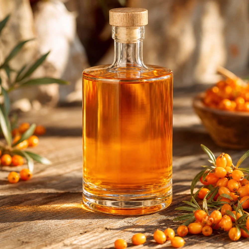 500ml Glasflasche "Marie" mit Holzgriff-Korken UNiTWIST 500ml Glasflasche Marie mit Sanddornlikör gefüllt - Holzkorken UNiTWIST - Dekorbild mit Sanddornbeeren
