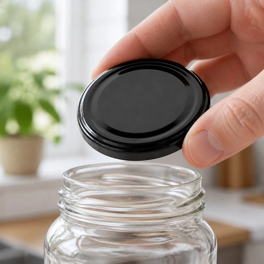 Hand setzt kleinen 43mm schwarzen BasicSeal Deckel TO43 auf ein Einmachglas