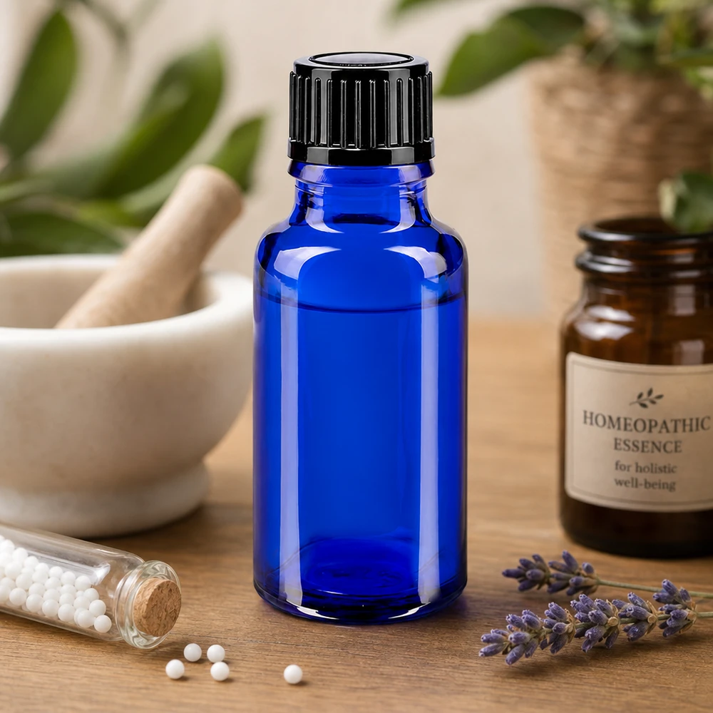 UV-Schutz Tropfflasche Blauglas 20ml STD mit schwarzem Verschluss für Homöopathie