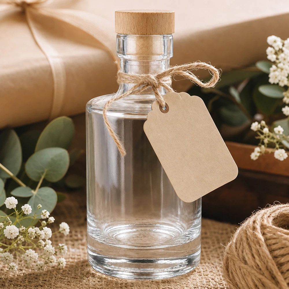 200ml Glasflasche "Marie" mit Holzgriff-Korken UNiTWIST 200ml Glasflasche Marie leer mit Holzkorken, Kraftpapier-Anhänger, Geschenkverpackung mit Eukalyptus und Schleierkraut